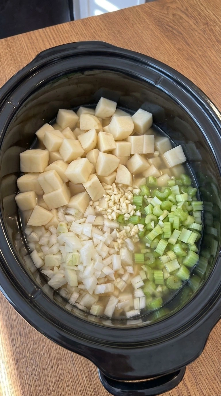 Crockpot Potato Soup raw potato cubes and vegetables mixed in slow cooker Recipe focus: crockpot potato soup with hashbrowns.