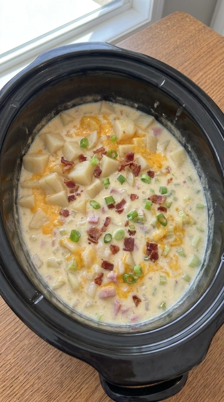 Crockpot Potato Soup thickened with mashed potatoes bacon and green onions Recipe focus: potato soup crock pot.