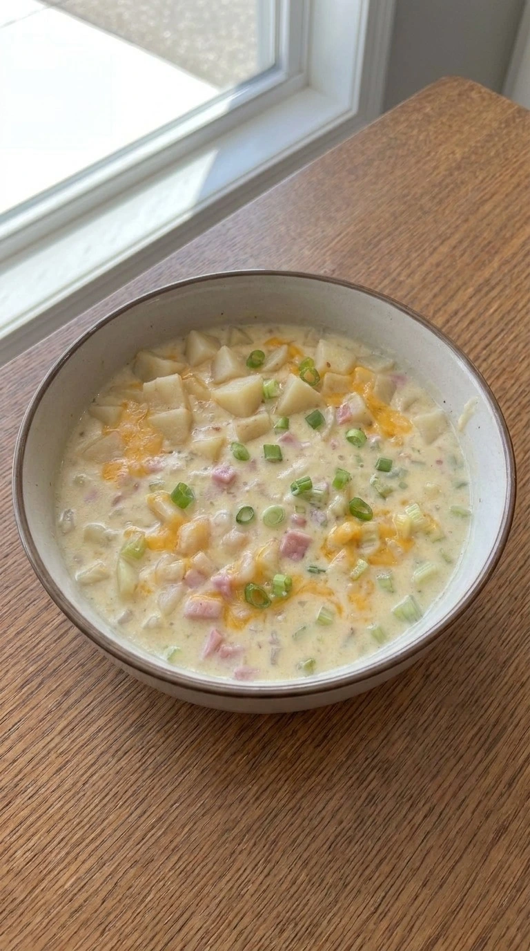 Crockpot Potato Soup served bowl with creamy potatoes ham and cheese topping Recipe focus: ham and potato soup.