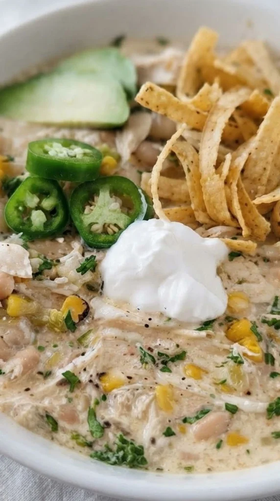 Crockpot White Chicken Chili in a bowl with creamy broth and shredded chicken Recipe focus: chicken chili recipe.