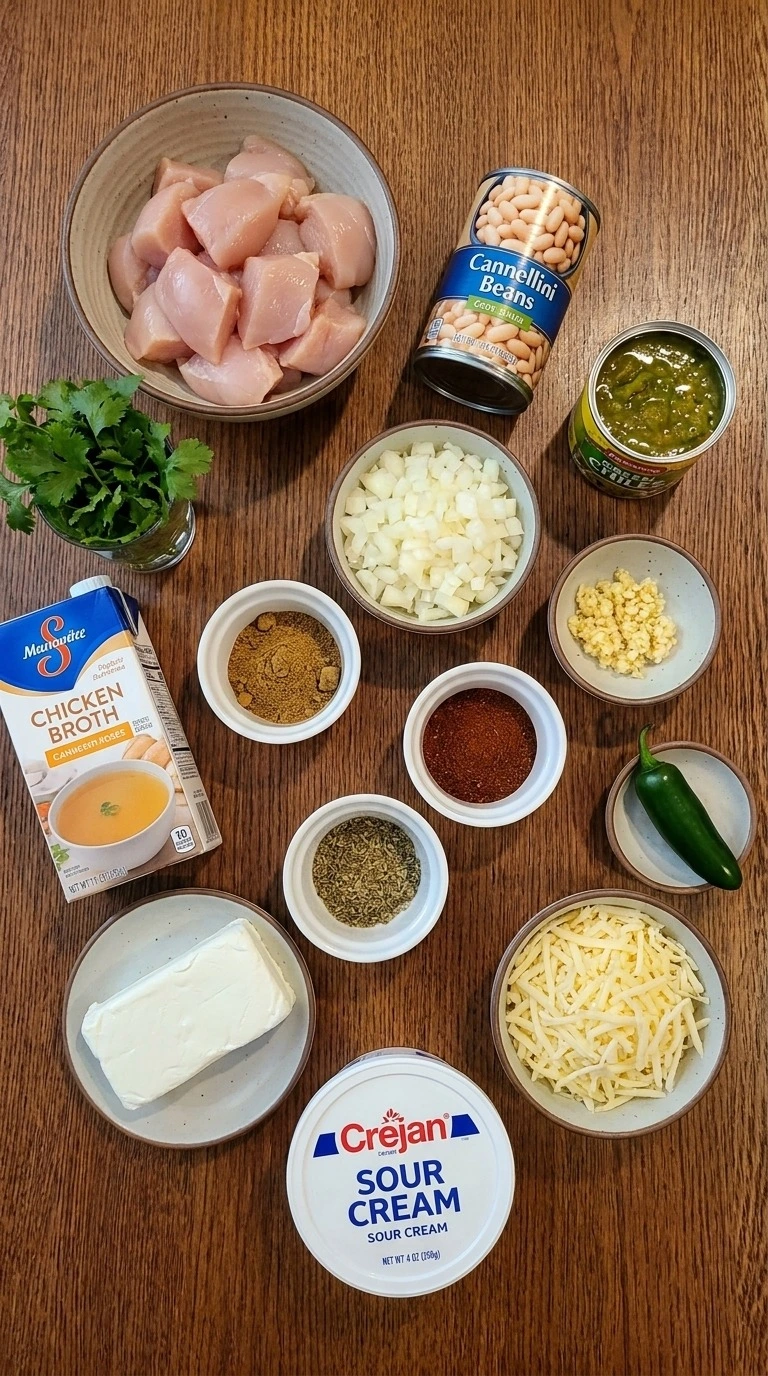 Crockpot White Chicken Chili ingredients with beans chicken and spices Recipe focus: chicken chili crockpot.