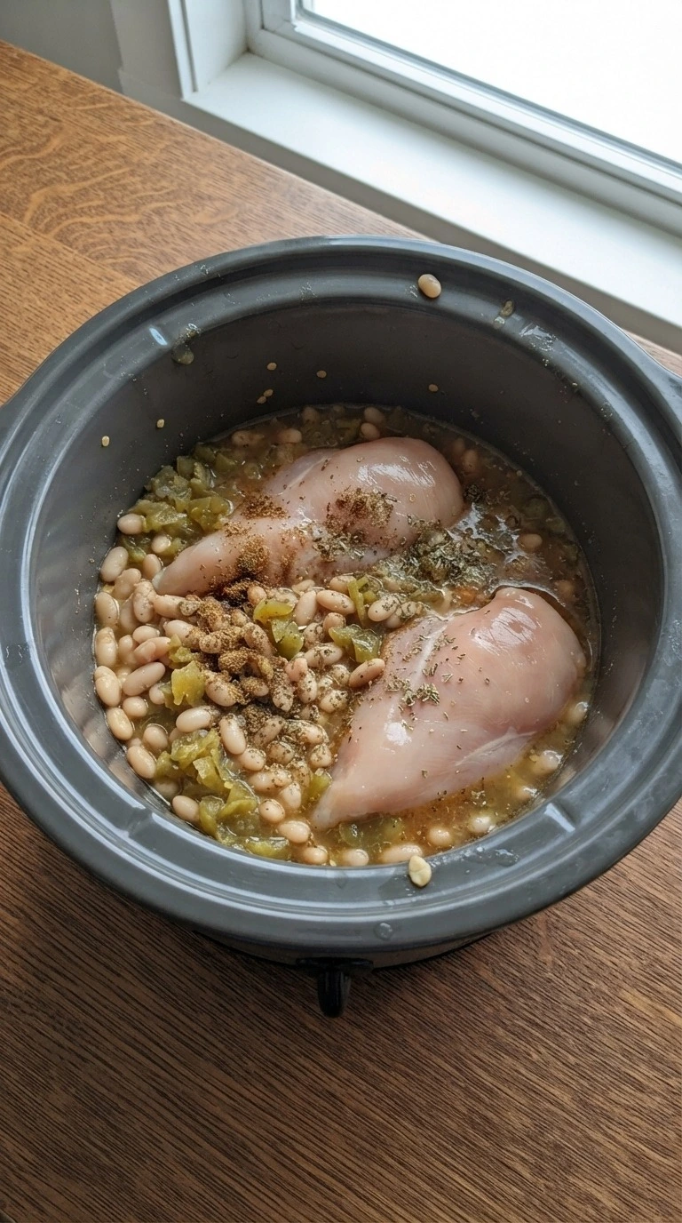 Crockpot White Chicken Chili step 1 with chicken and beans combined Recipe focus: white chicken chili recipe.