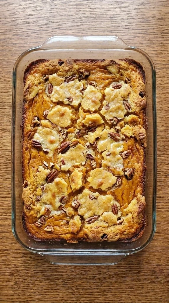Dump Cake Pumpkin Fall Desserts with golden craggy topping, toasted pecans and a soft orange pumpkin Recipe focus: dump cake recipes pumpkin fall desserts.