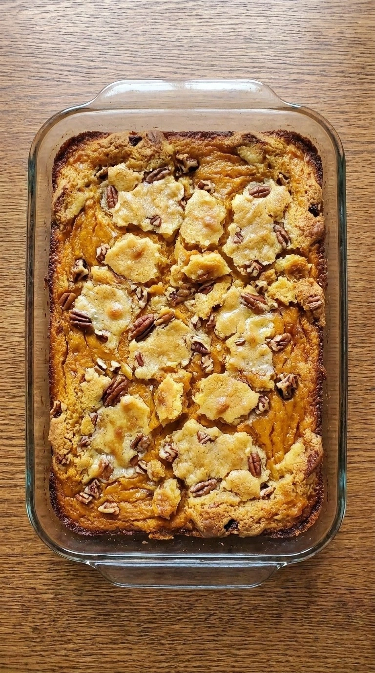 Dump Cake Pumpkin Fall Desserts with golden craggy topping, toasted pecans and a soft orange pumpkin Recipe focus: dump cake recipes pumpkin fall desserts.