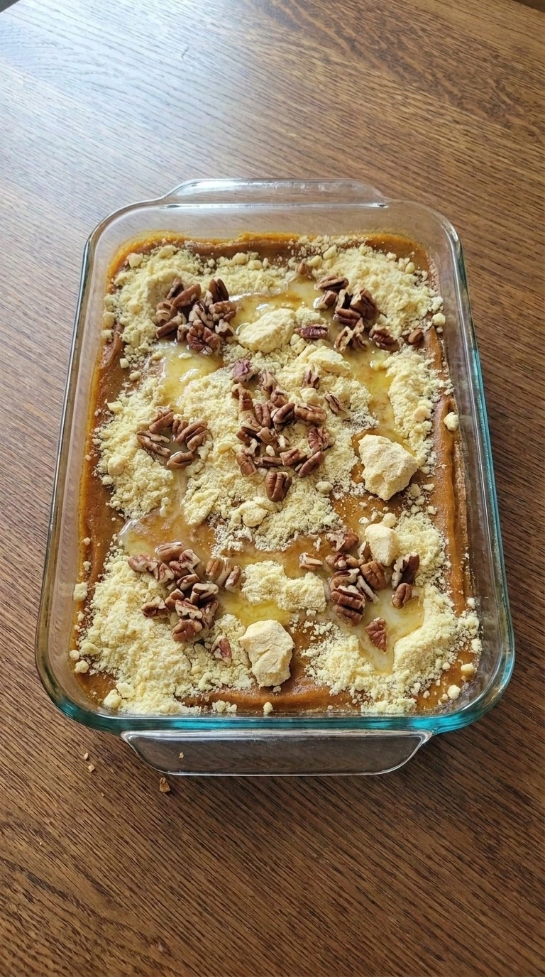 Dump Cake Pumpkin Fall Desserts layered with dry yellow cake mix, chopped pecans and glossy melted butter Recipe focus: dump cake recipes pumpkin fall desserts.