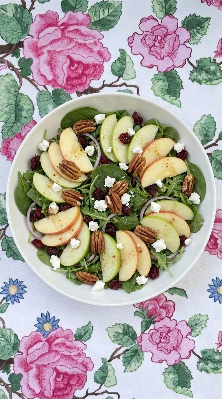 Fall Apple Salad with Honeycrisp apples, greens, toasted pecans, cranberries and goat cheese Recipe focus: apple fall salad.