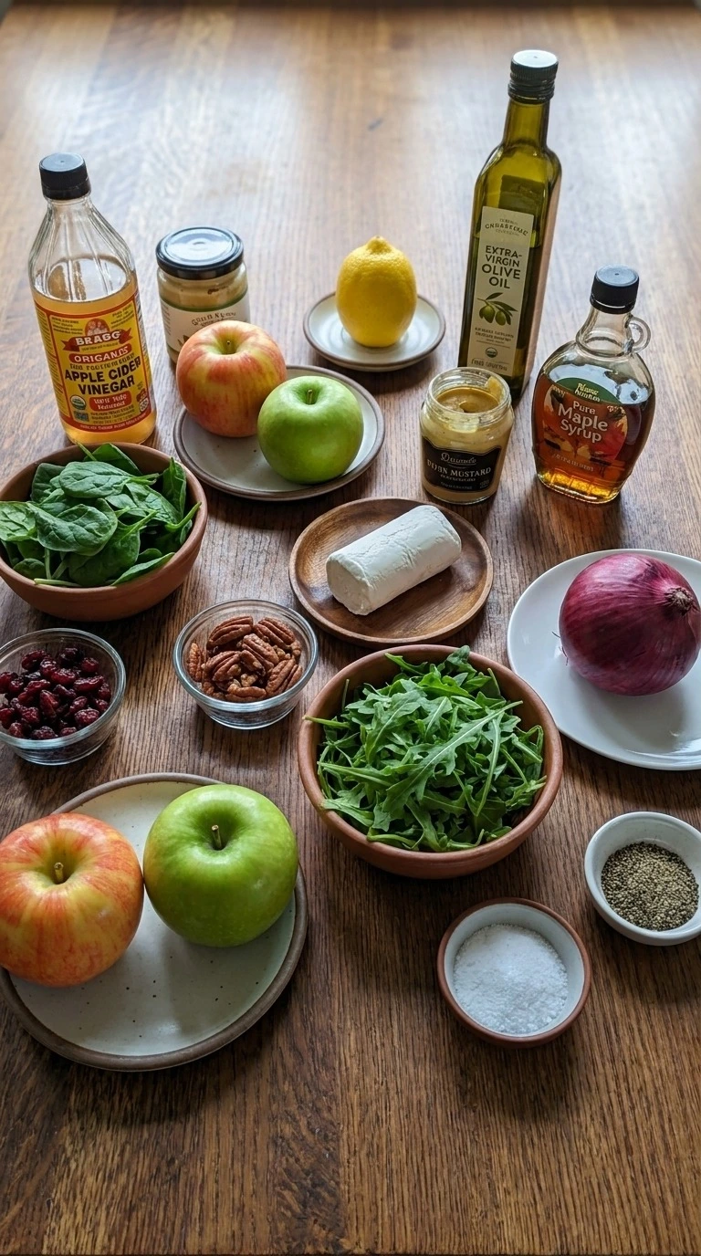 Fall Apple Salad ingredients with apples, leafy greens, pecans, cranberries, goat cheese and dressing items Recipe focus: fall salad apple.