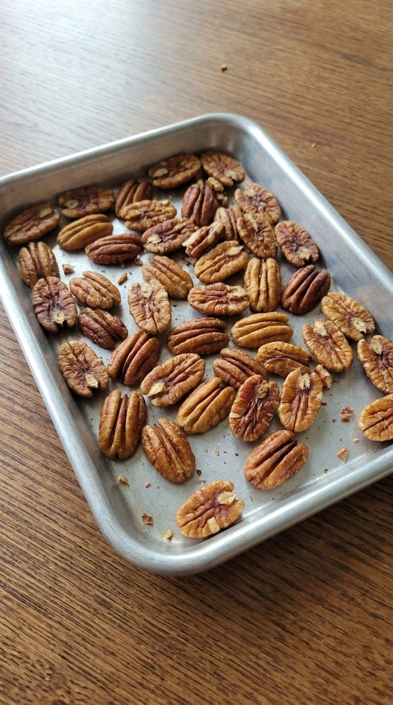 Fall Apple Salad step showing pecan halves toasted to golden brown with darker edges Recipe focus: fall salads recipes autumn.