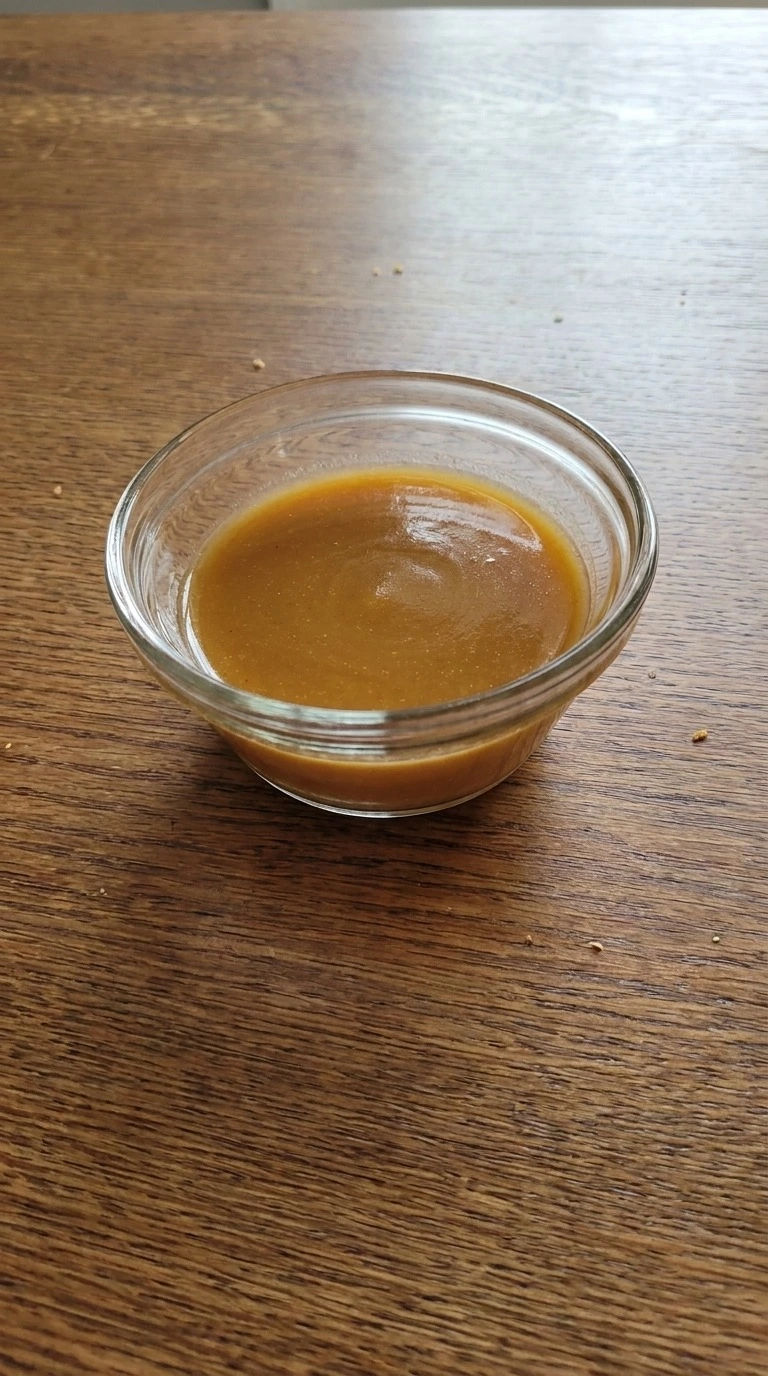 Fall Apple Salad step showing smooth amber maple Dijon dressing with no separated oil Recipe focus: autumn fruit salad.