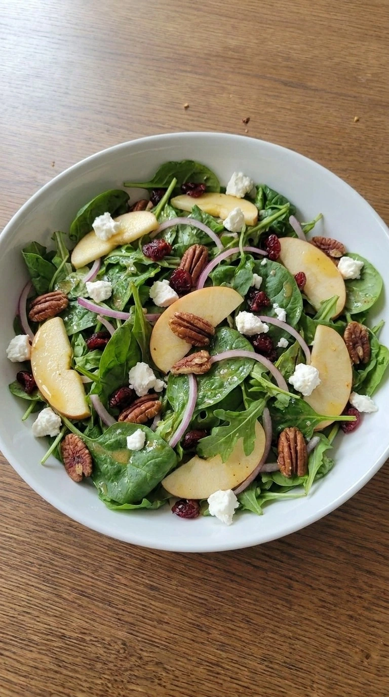 Fall Apple Salad step with dressed greens, apple slices, cranberries, toasted pecans and goat cheese Recipe focus: easy fall salad recipes.