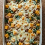 Fall Casserole for Dinner with turkey, butternut squash, brown rice, kale and melted cheddar. Recipe focus: fall casserole recipes for dinner.