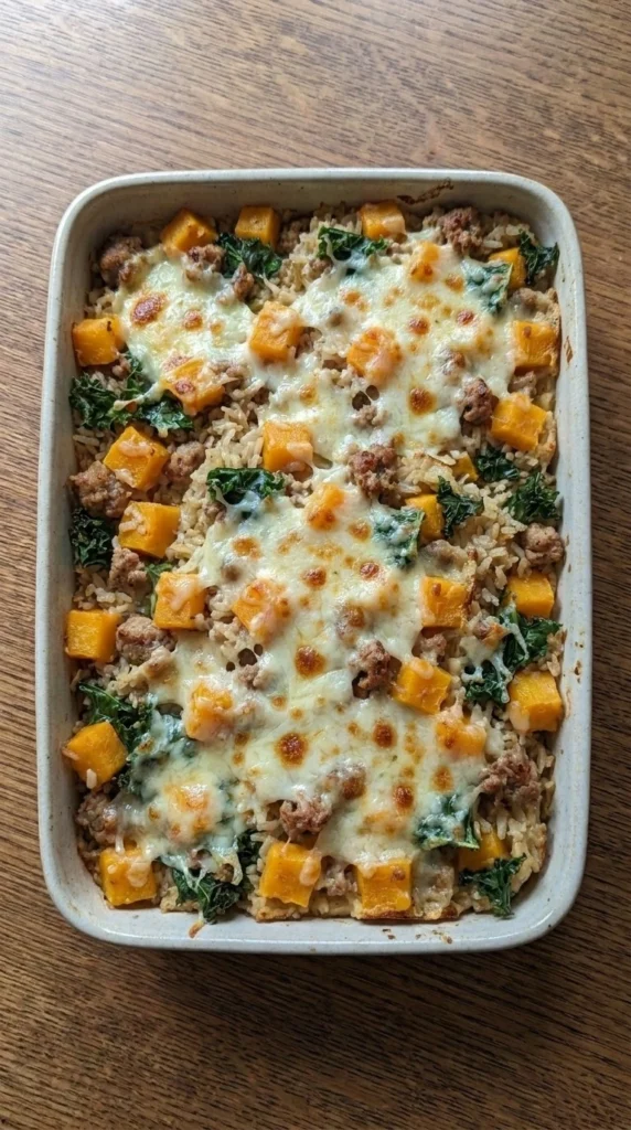 Fall Casserole for Dinner with turkey, butternut squash, brown rice, kale and melted cheddar. Recipe focus: fall casserole recipes for dinner.