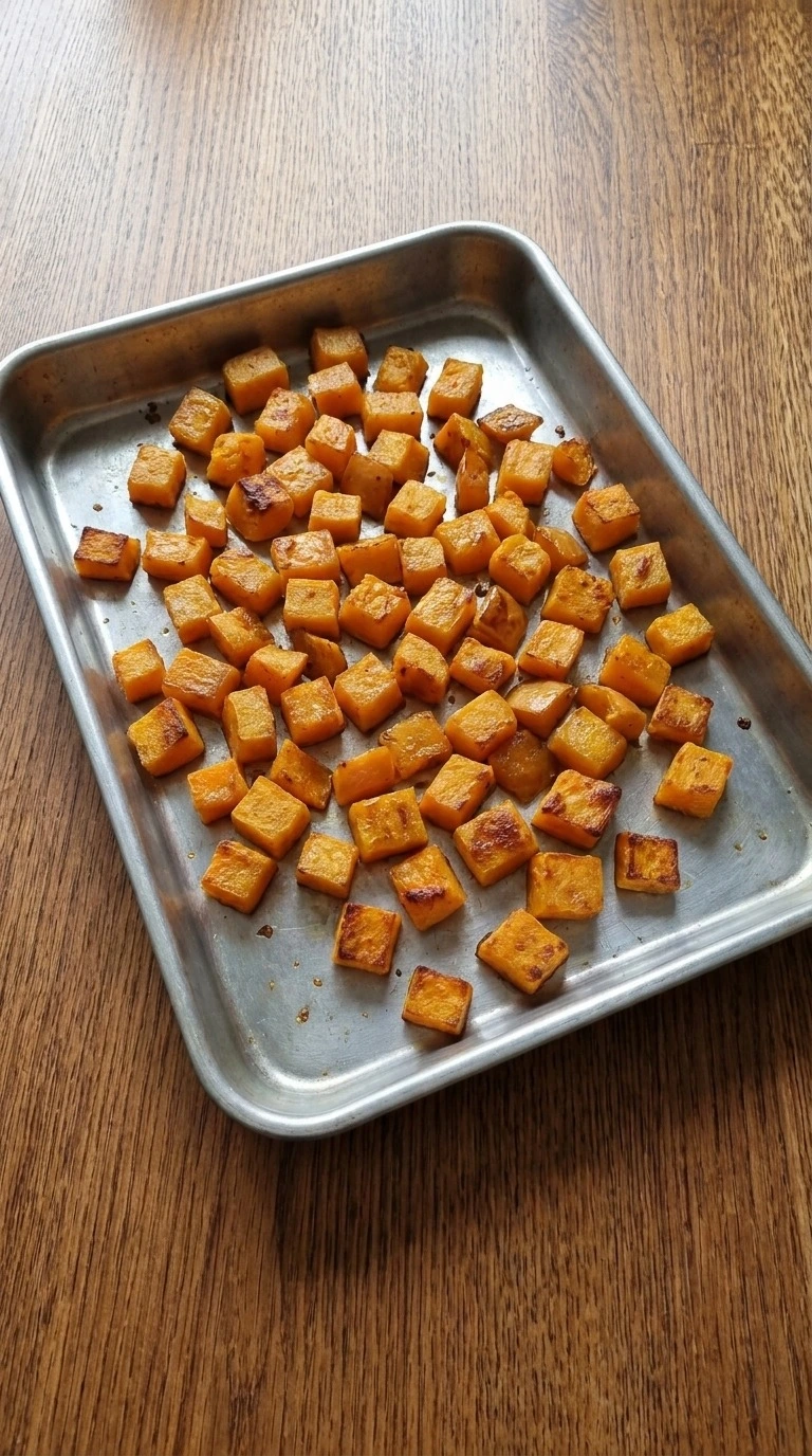 Fall Casserole for Dinner step with 3/4-inch butternut squash cubes roasted to amber edges. Recipe focus: fall sunday dinner ideas.