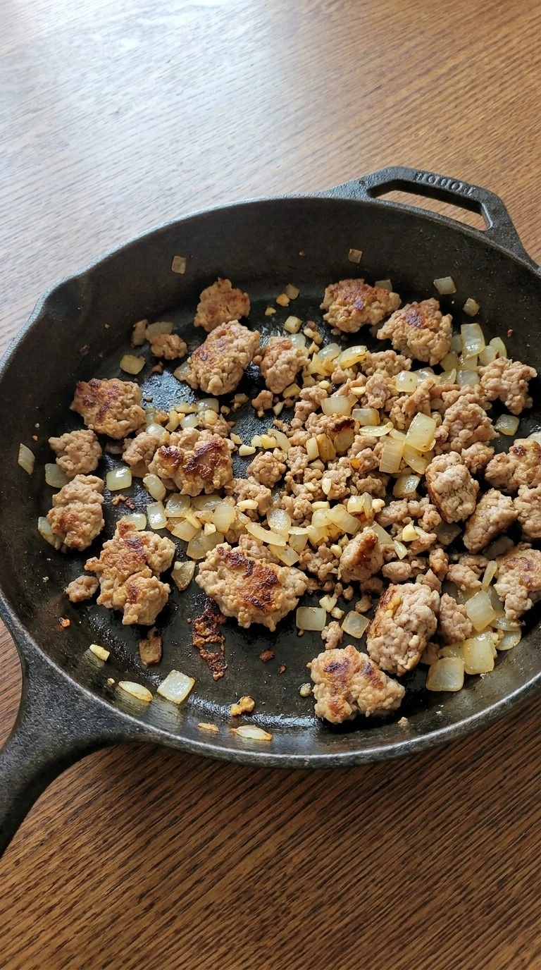 Fall Casserole for Dinner step showing browned turkey crumbles with softened yellow onion and garlic. Recipe focus: fall healthy dinner recipes.