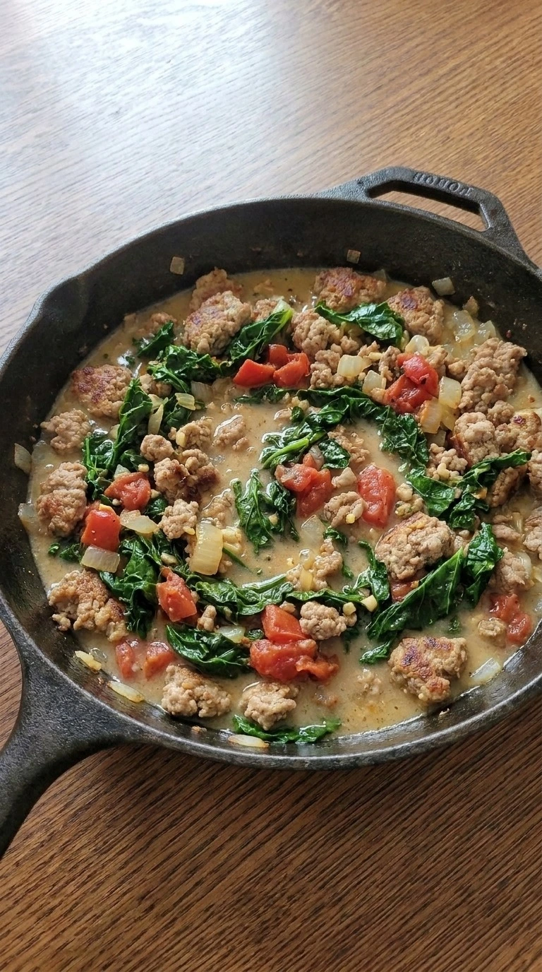 Fall Casserole for Dinner step with turkey, kale and fire-roasted tomatoes in a thickened sauce. Recipe focus: simple fall dinners.