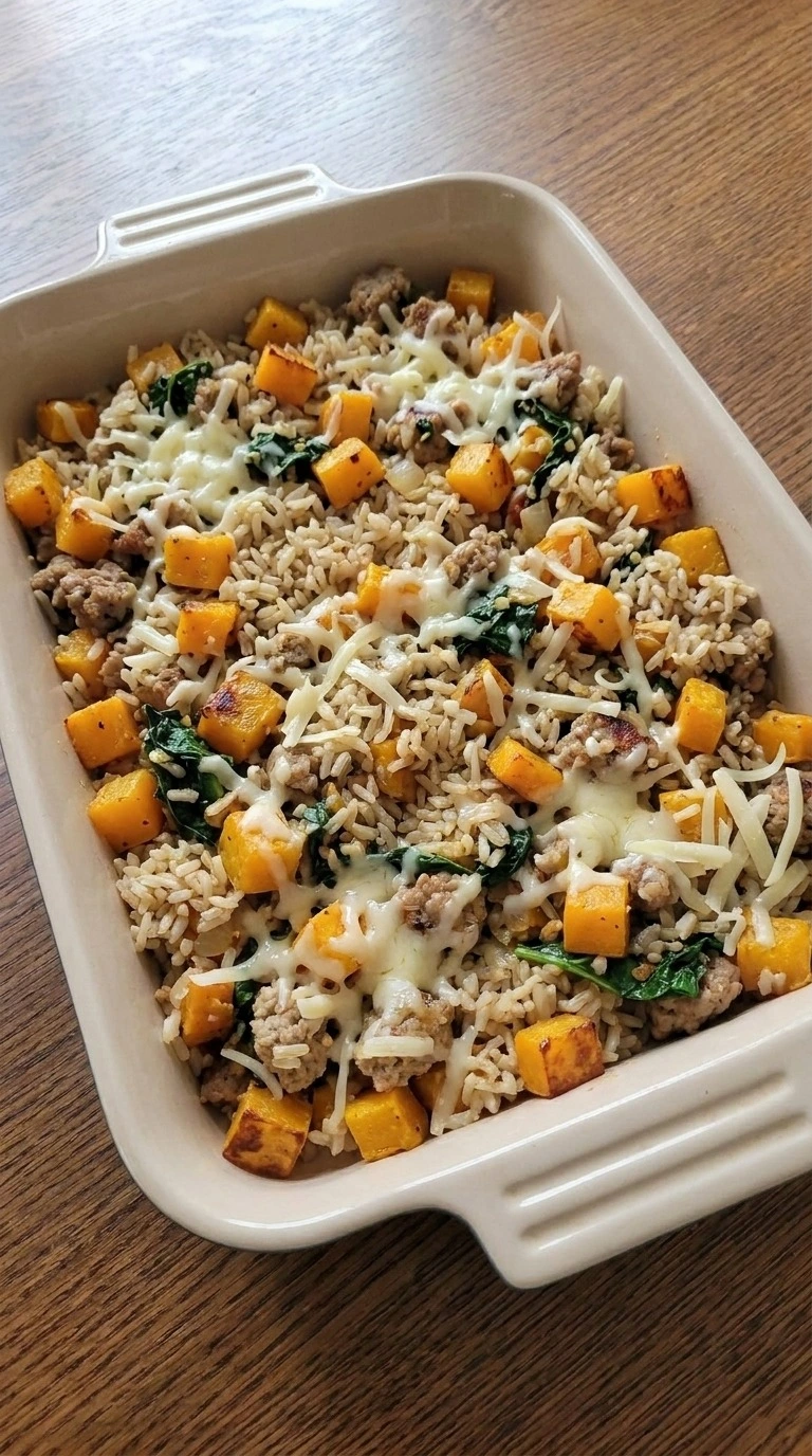 Fall Casserole for Dinner step with squash, turkey, brown rice and kale layered under sharp cheddar. Recipe focus: lazy dinners.