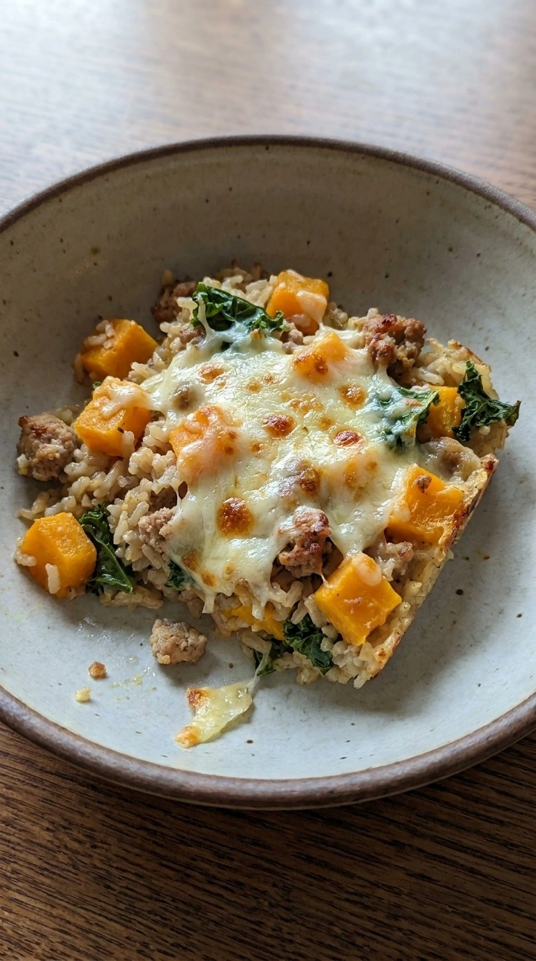 Fall Casserole for Dinner served with golden cheddar, tender squash, turkey, brown rice and kale. Recipe focus: fall casserole recipes for dinner.