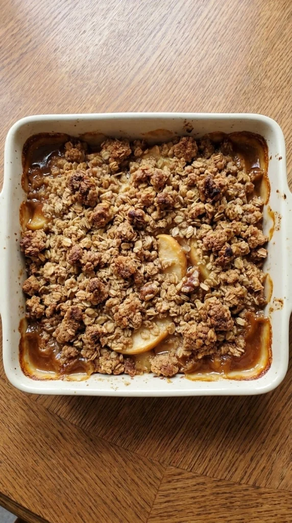 Fall Desserts Apple crisp with golden oat topping and bubbling cinnamon apples in a square baking dish Recipe focus: fall apple desserts.