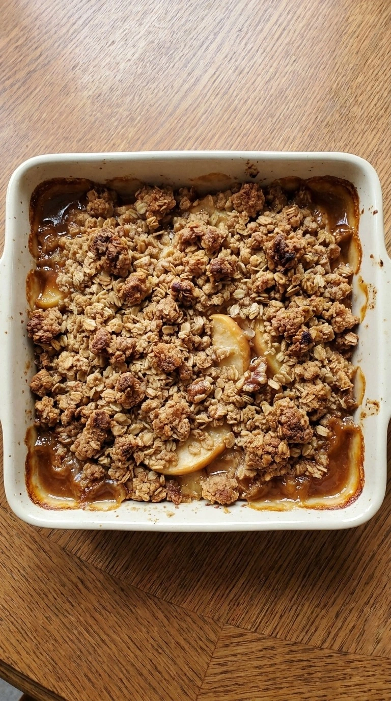 Fall Desserts Apple crisp with golden oat topping and bubbling cinnamon apples in a square baking dish Recipe focus: fall apple desserts.