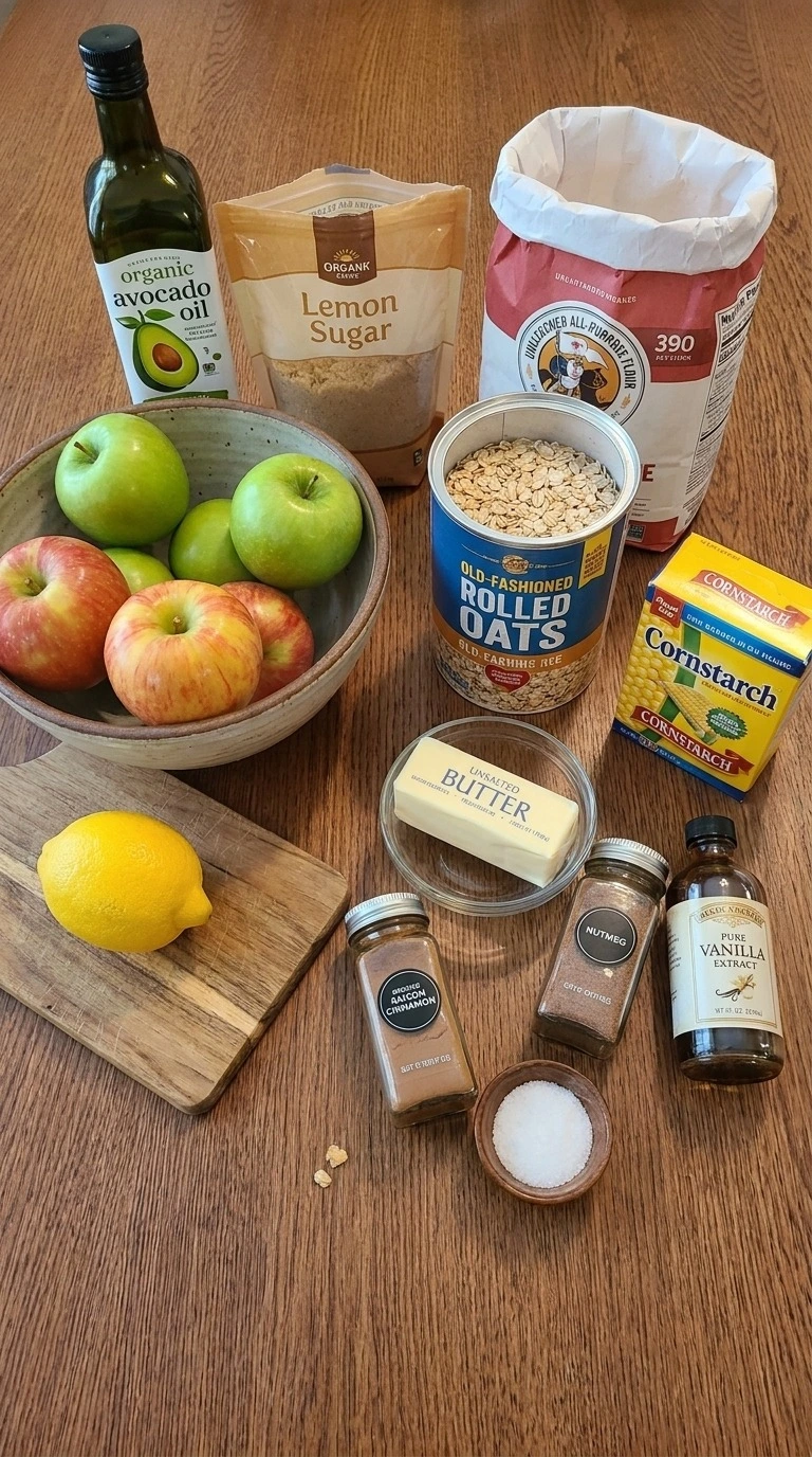 Fall Desserts Apple ingredients with six whole apples, oats, brown sugar, butter, lemon and warm spices Recipe focus: easy fall apple desserts.