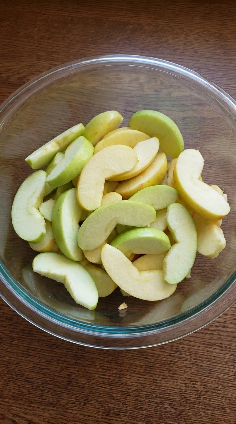 Fall Desserts Apple step showing six peeled apples cut into irregular quarter-inch slices in a bowl Recipe focus: best fall desserts.