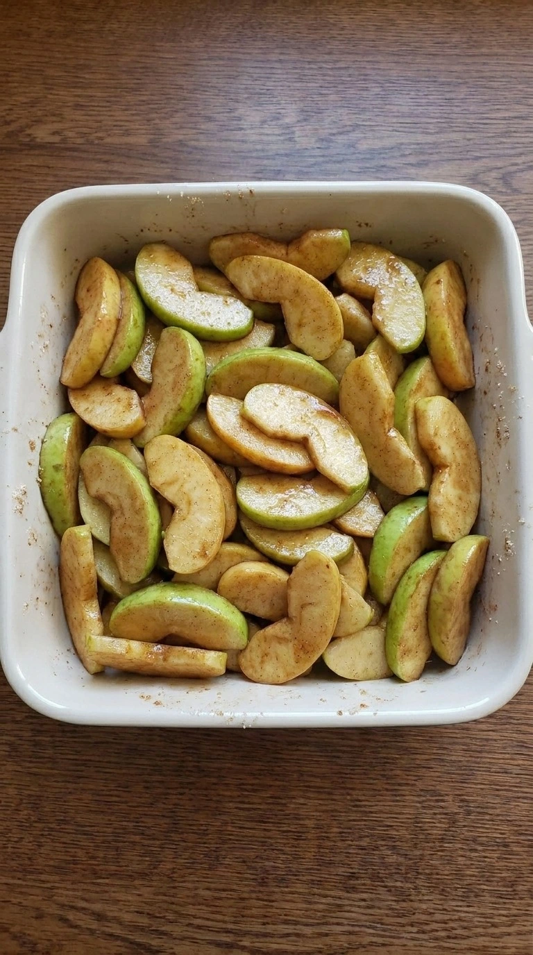 Fall Desserts Apple step with glossy cinnamon-coated apple slices spread unevenly in a square baking dish Recipe focus: quick fall desserts.