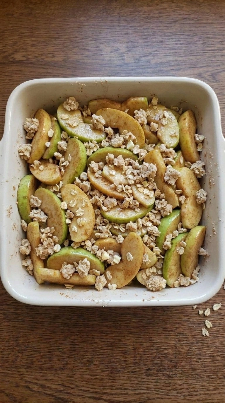 Fall Desserts Apple step showing rough oat crumble scattered over cinnamon apple slices with small gaps Recipe focus: easy fall desserts for a crowd.