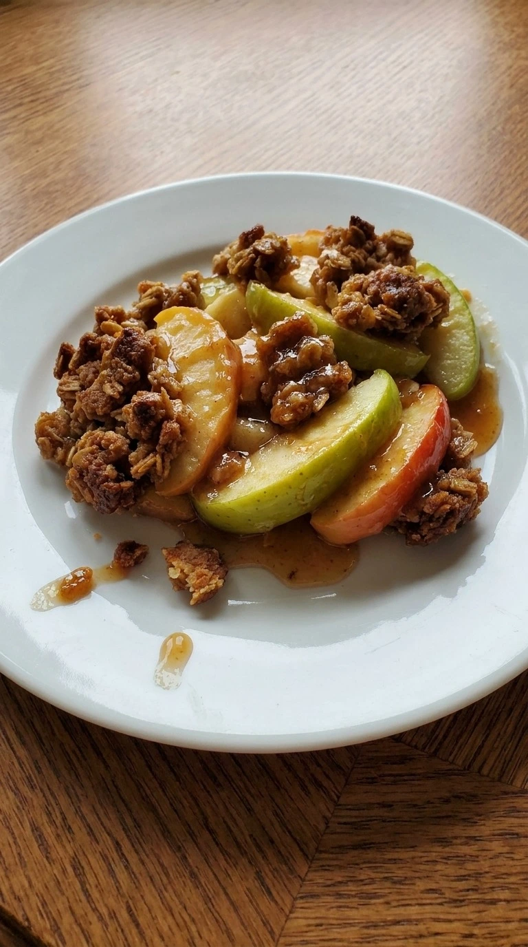Fall Desserts Apple serving with soft apple layers, golden oat clusters and thick amber juices on a white plate Recipe focus: best apple desserts.