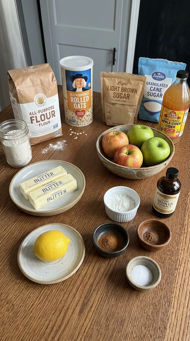 Fall Desserts for People Who Hate Pumpkin ingredients with apples, cider, oats, flour, sugars, butter and warm spices.