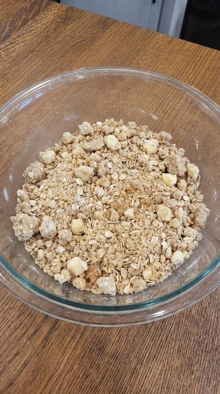 Fall Desserts for People Who Hate Pumpkin step 2 showing mix the rough oat crumb for apple cider crumb bars.