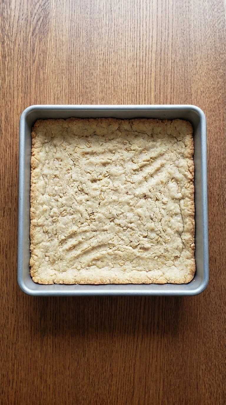 Fall Desserts for People Who Hate Pumpkin step 4 showing press and par-bake the crumb base for apple cider crumb bars.