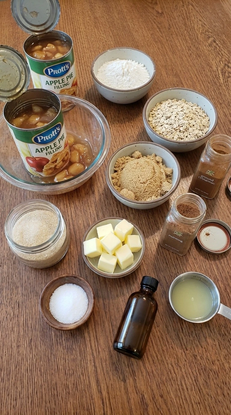 Fall Desserts with Apple Pie Filling ingredients including canned apples, oats, flour, butter and warm spices