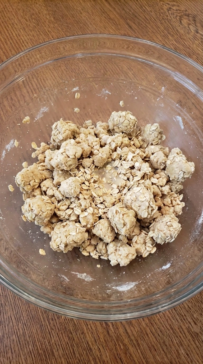 Fall Desserts with Apple Pie Filling step showing a pale buttery oat crumble with uneven clumps in a mixing bowl