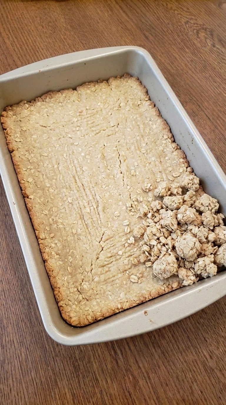 Fall Desserts with Apple Pie Filling step showing a pale-golden par-baked oat crust in a 9 x 13-inch pan