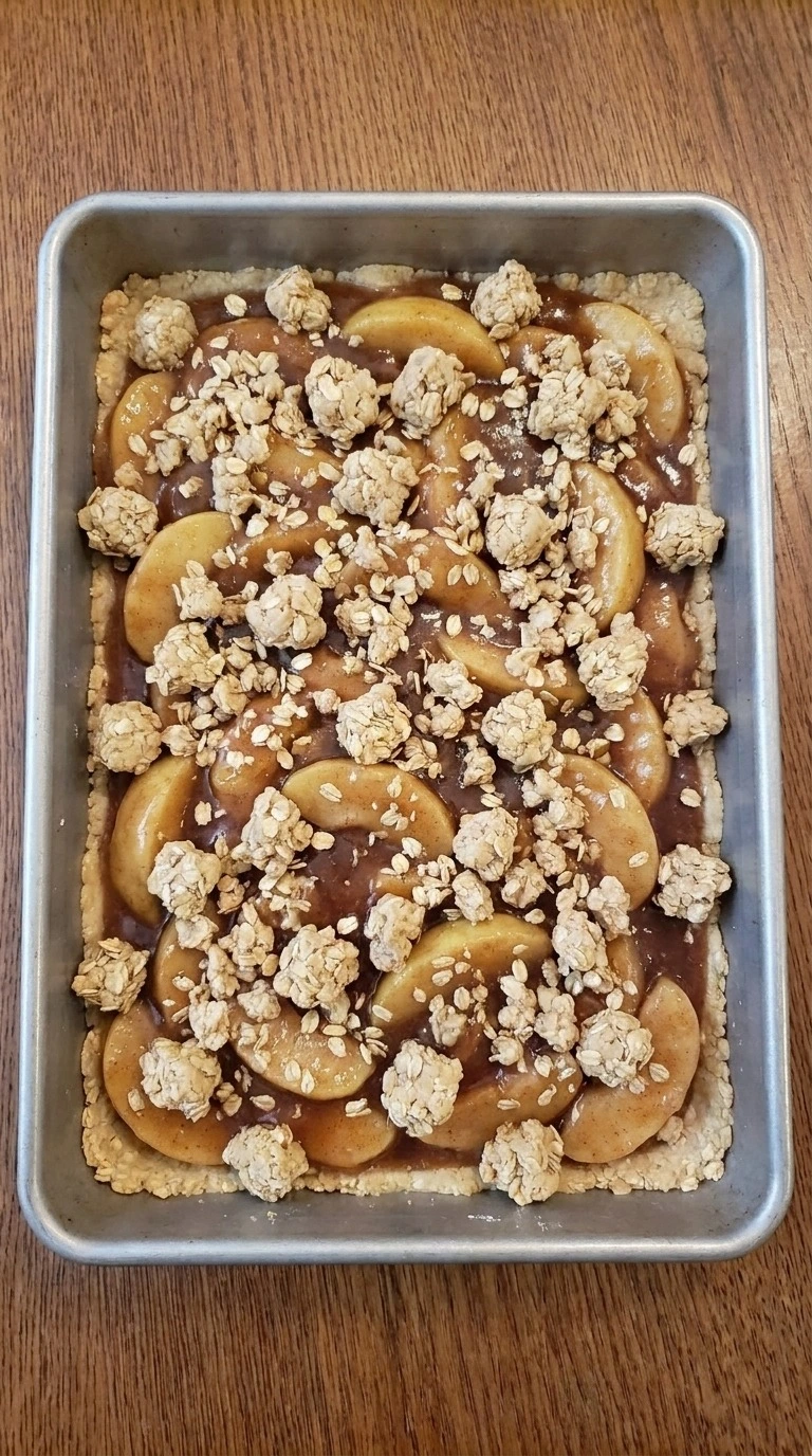 Fall Desserts with Apple Pie Filling step showing glossy apple filling layered under uneven oat crumble clusters