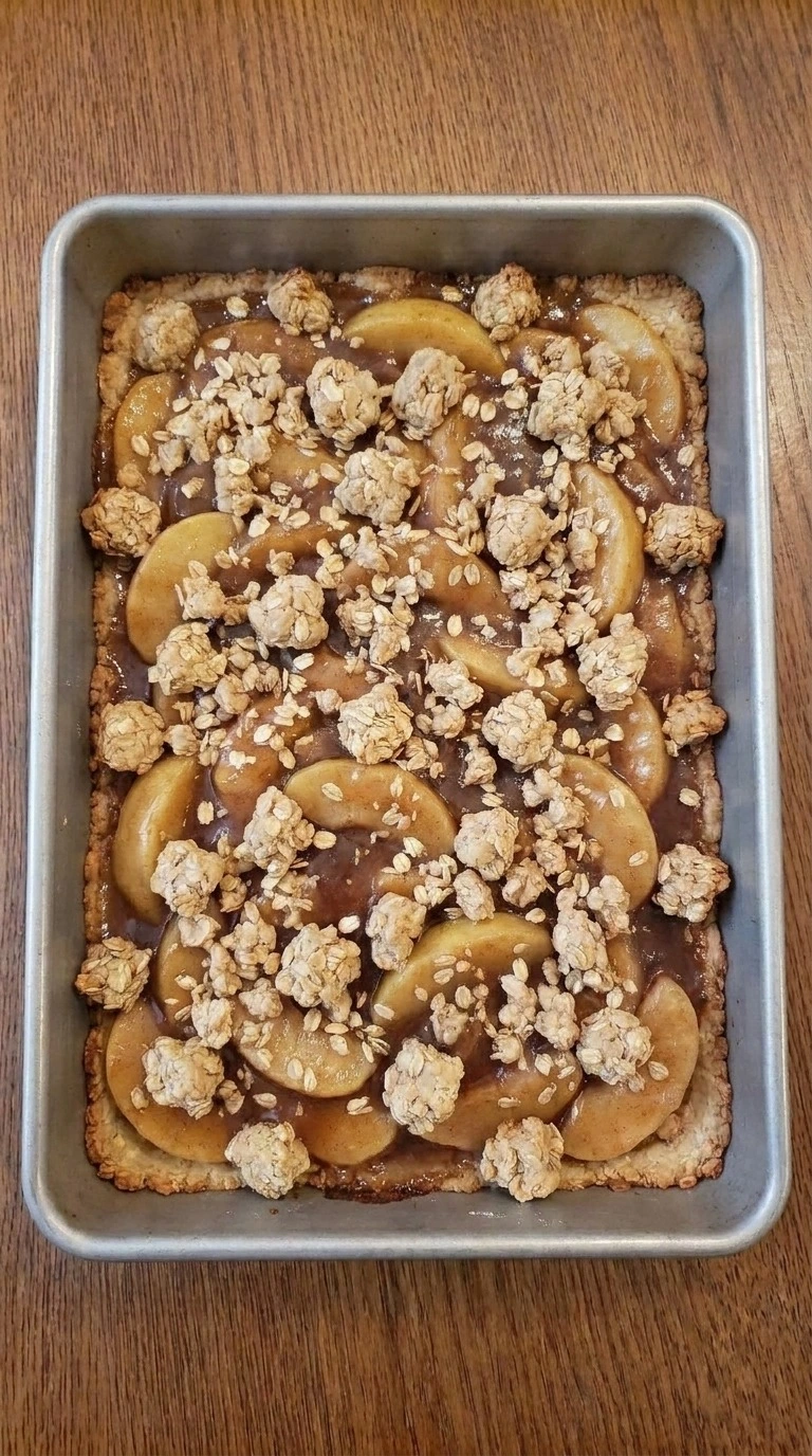 Fall Desserts with Apple Pie Filling step showing deep golden crumble and bubbling amber apple filling in the pan