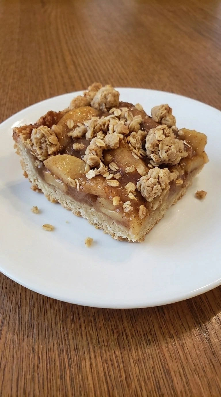 Fall Desserts with Apple Pie Filling final step showing one sliced crumble bar with visible apple layers on a plate