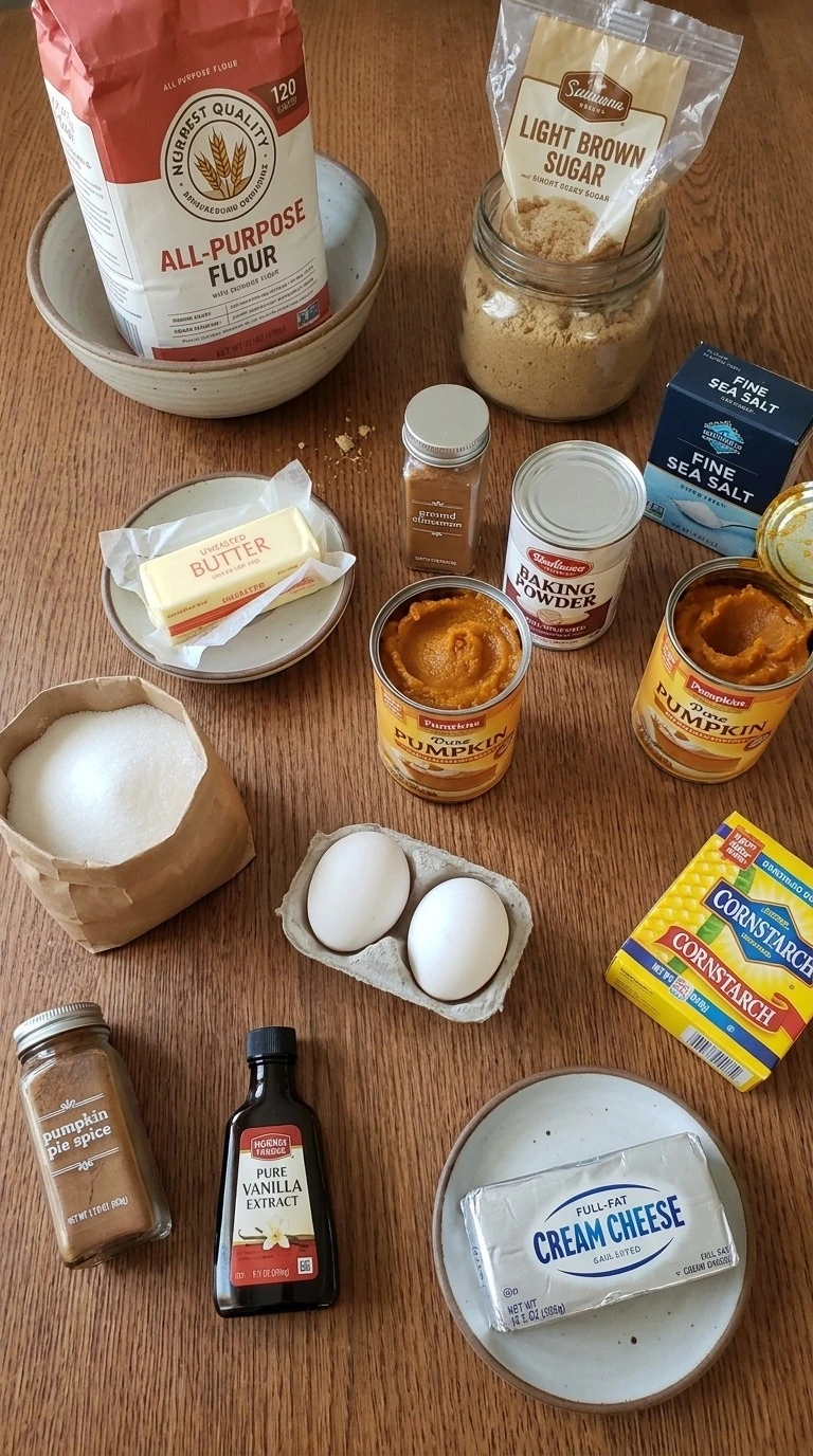 Fall Desserts with Cream Cheese ingredients including pumpkin puree, block cream cheese, flour, butter, eggs and spices.