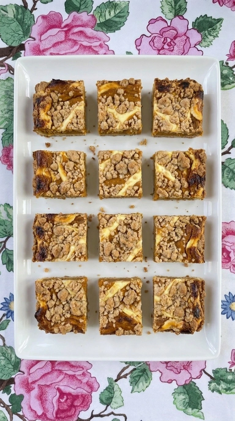 Fall Desserts with Cream Cheese shown as pumpkin crumb bars with golden topping and creamy marbled centers.