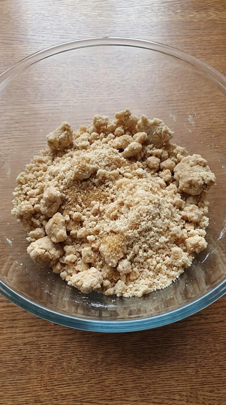 Fall Desserts with Cream Cheese crumb mixture with damp flour, brown sugar and butter clumps before baking.