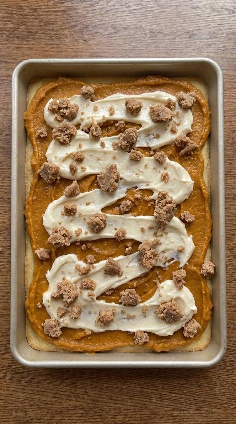 Fall Desserts with Cream Cheese layered with orange pumpkin filling, pale cream cheese ribbons and uneven crumb topping.