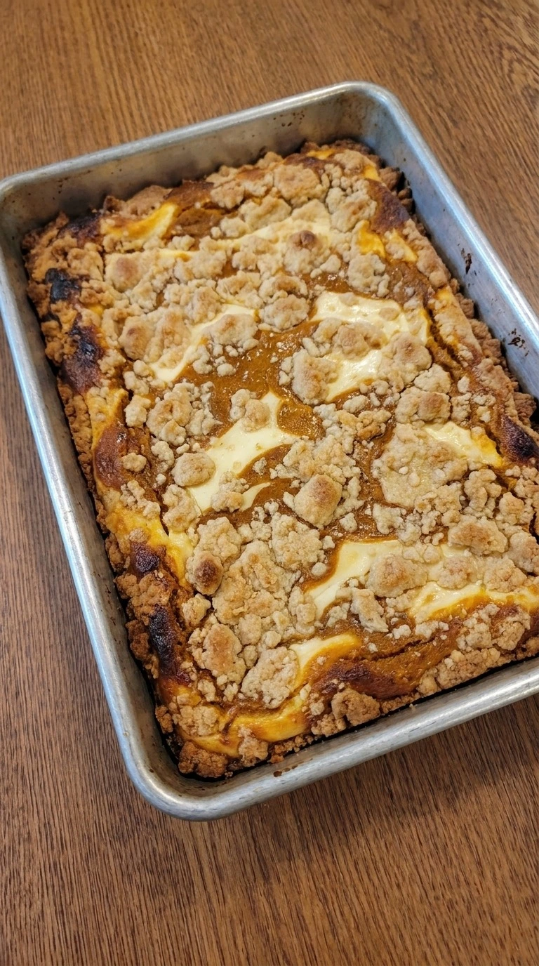 Fall Desserts with Cream Cheese baked with an uneven golden crumb top, orange pumpkin patches and set cream cheese ribbons.
