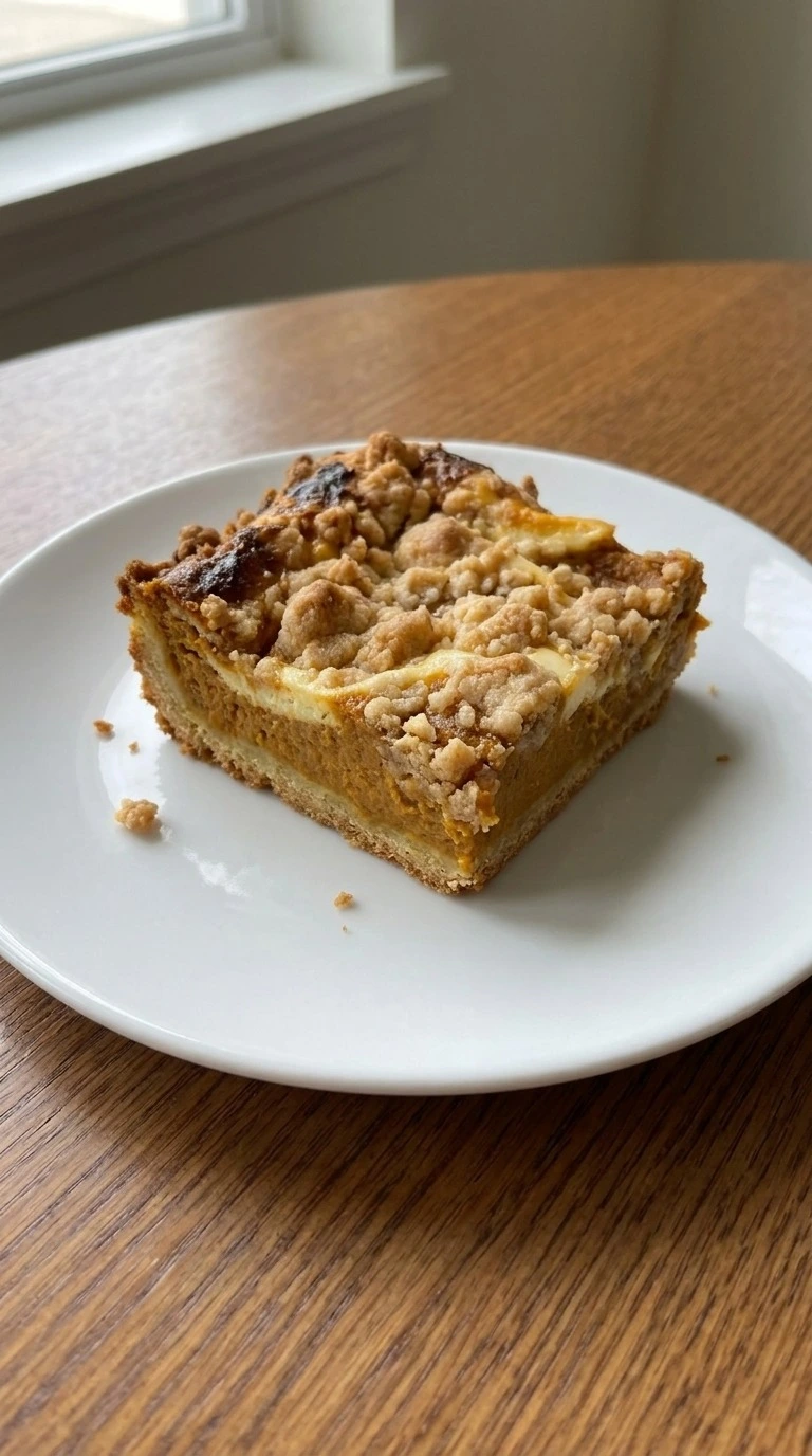 Fall Desserts with Cream Cheese served as one sliced pumpkin bar showing a golden base, orange center and creamy ribbon.