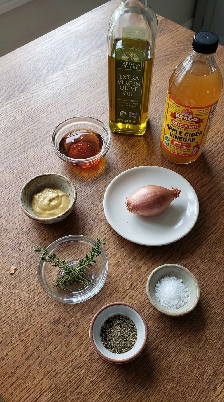Fall Salad Dressing ingredients with olive oil, apple cider vinegar, maple, Dijon, shallot and thyme Recipe focus: fall salad dressings.