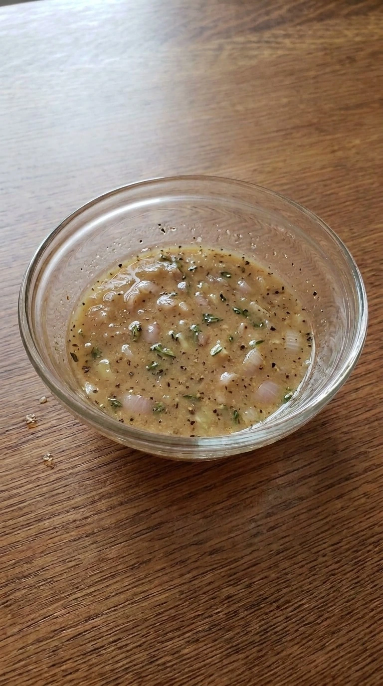 Fall Salad Dressing step with maple, Dijon, thyme and shallot whisked into a speckled tan base Recipe focus: easy fall salad.