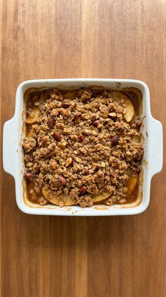 Gluten Free Apple Crisp Almond Flour with golden almond oat topping and bubbling apple filling