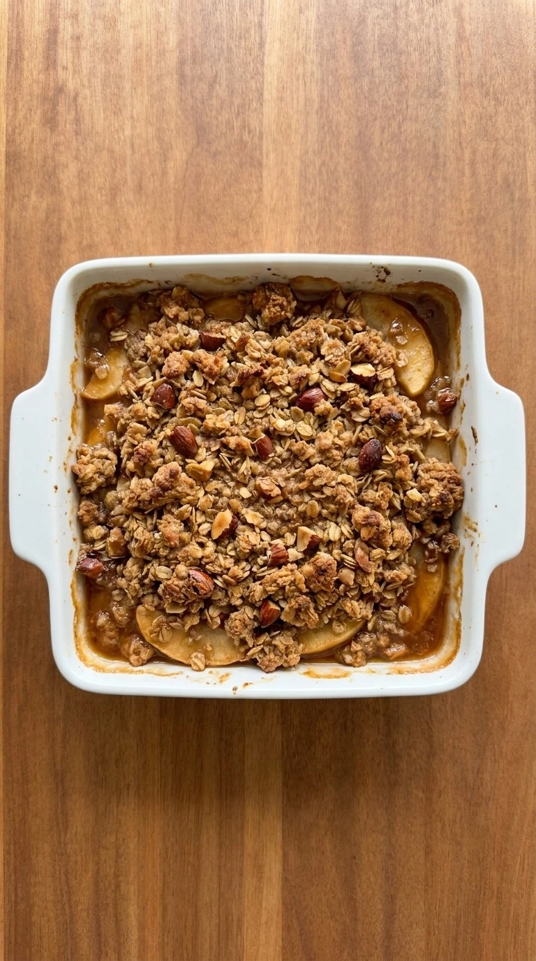 Gluten Free Apple Crisp Almond Flour with golden almond oat topping and bubbling apple filling