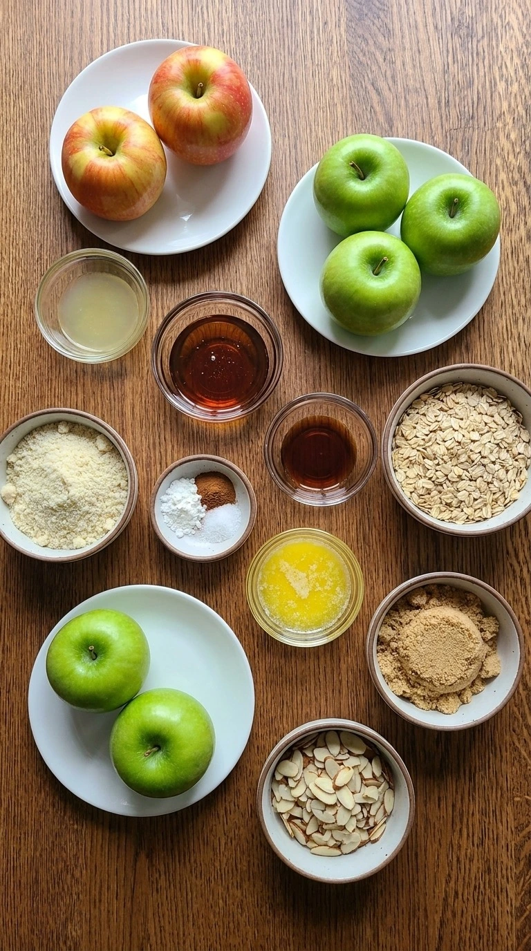 Gluten Free Apple Crisp Almond Flour ingredients with apples, almond flour, oats, butter and spices