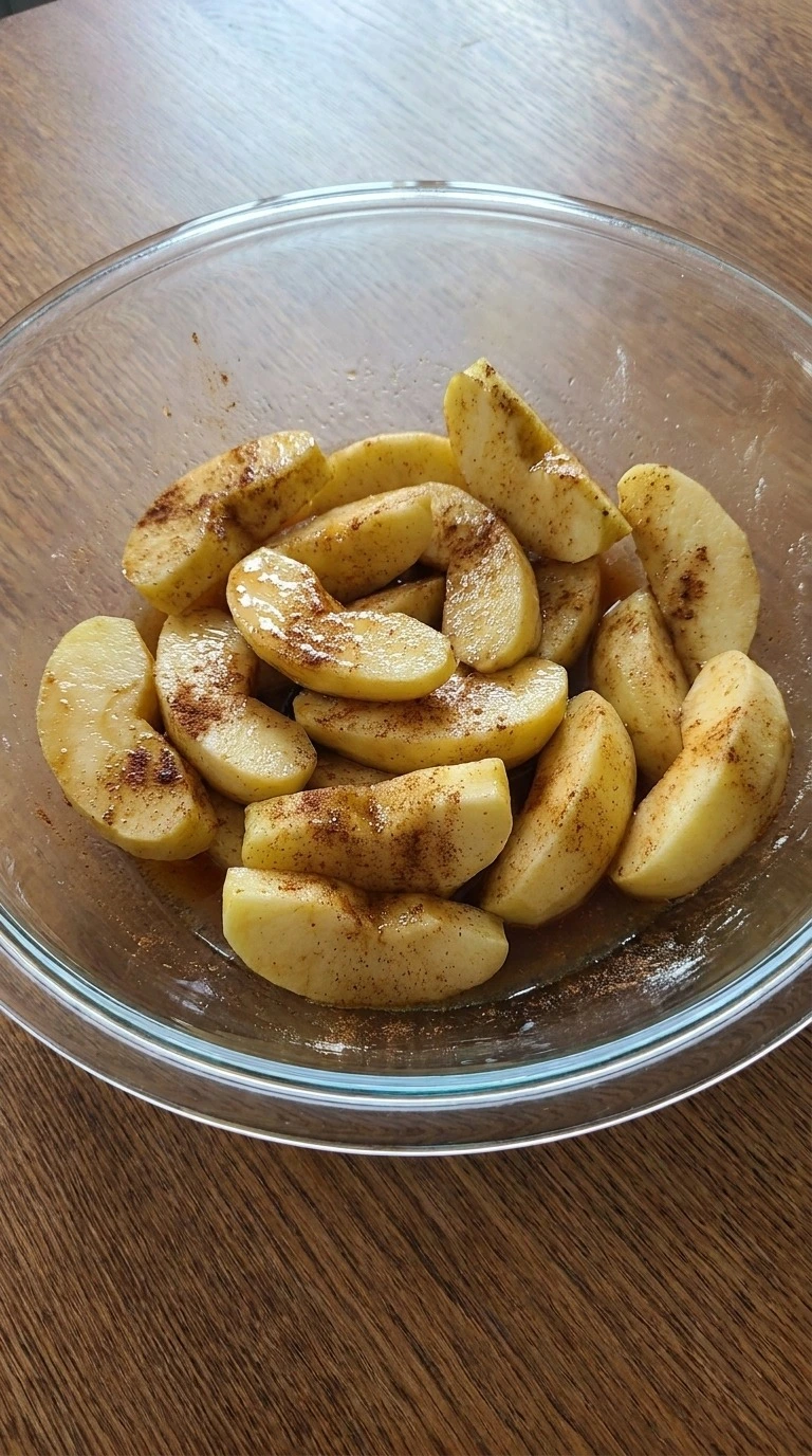 Gluten Free Apple Crisp Almond Flour step with glossy spiced apple slices in a mixing bowl