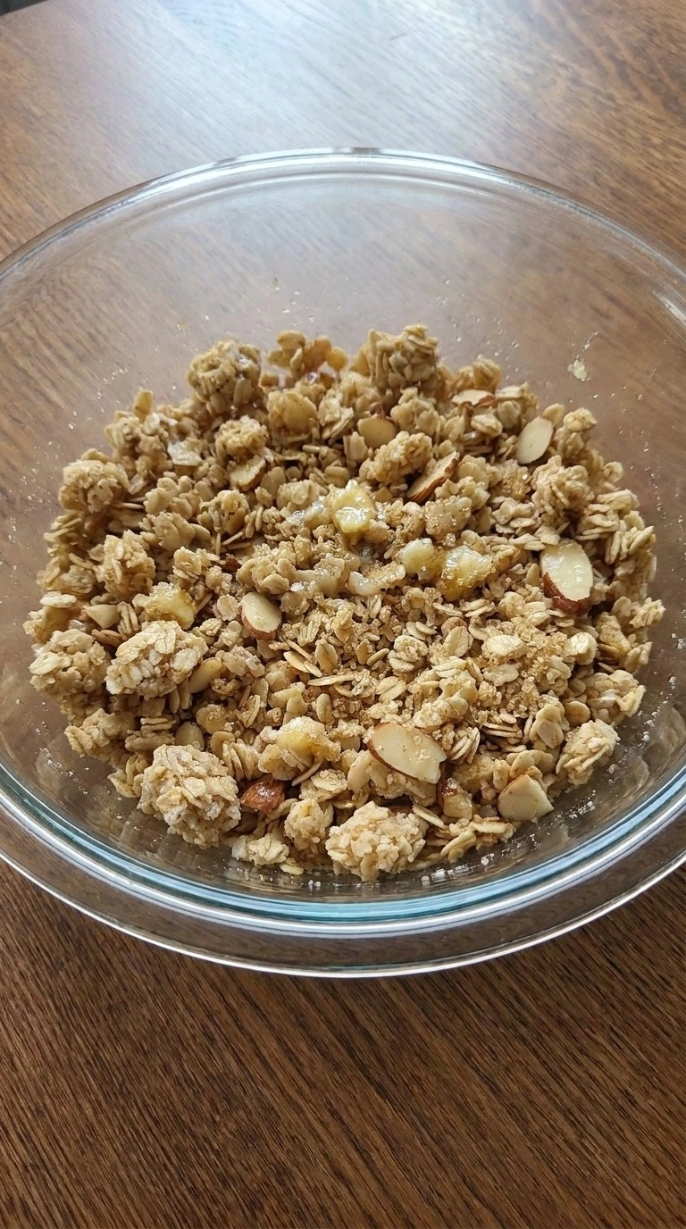 Gluten Free Apple Crisp Almond Flour step with crumbly almond flour oat topping in a bowl